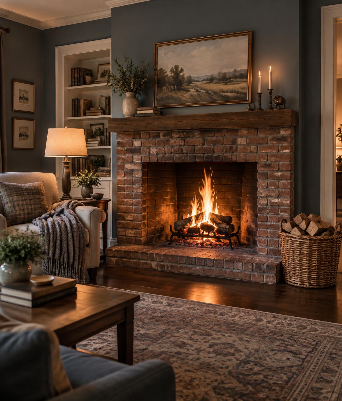 Chimney Chief technician's work: an open brick fireplace with a clean, warm wood fire